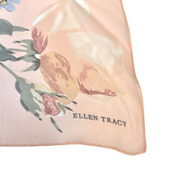 Ellen Tracy Silk Square Scarf Peach Roses Floral Print Lightweight Chiffon - Picture 8 of 10